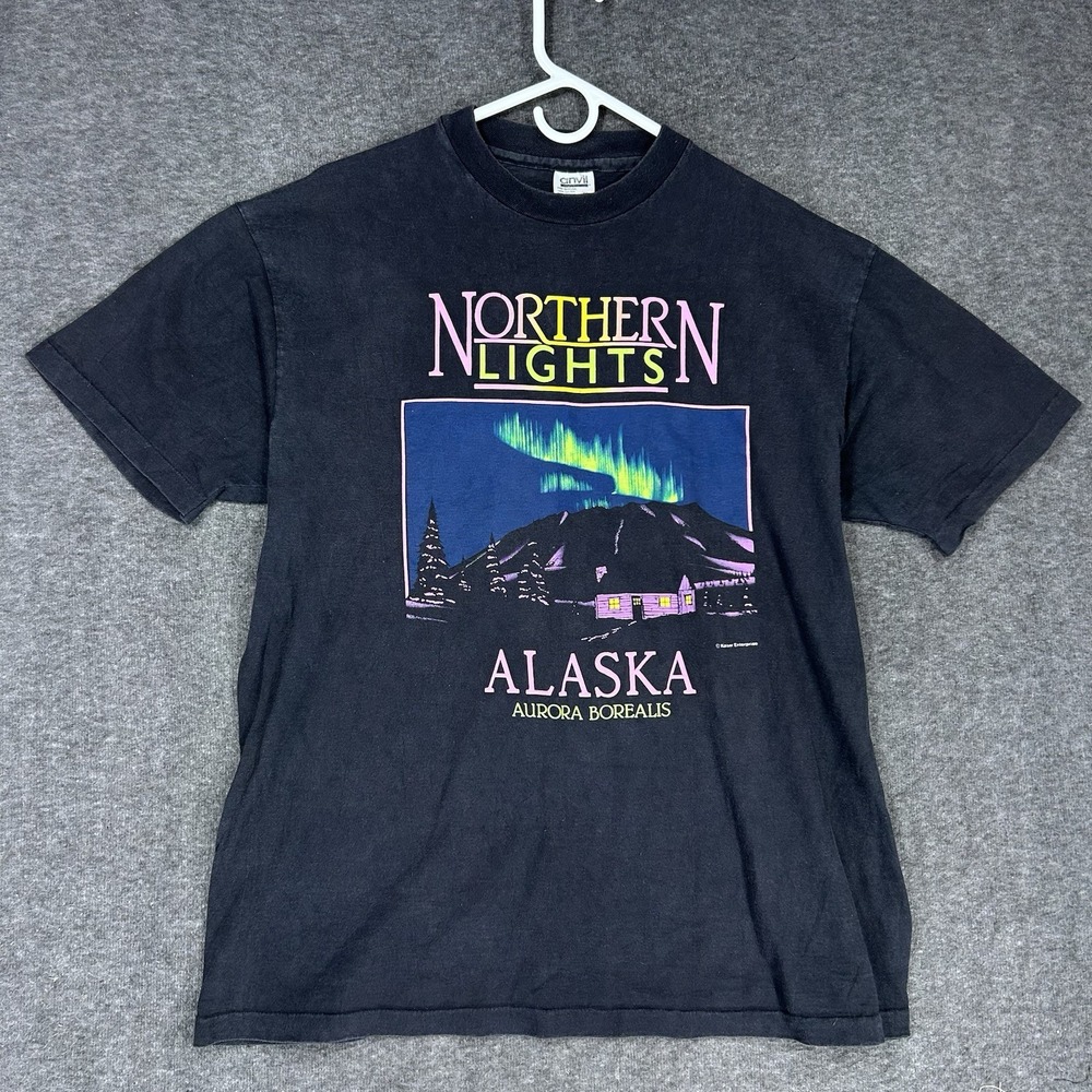 VTG Alaska Northern Lights Aurora Borealis T Shirt Mens XL Faded Black 90s